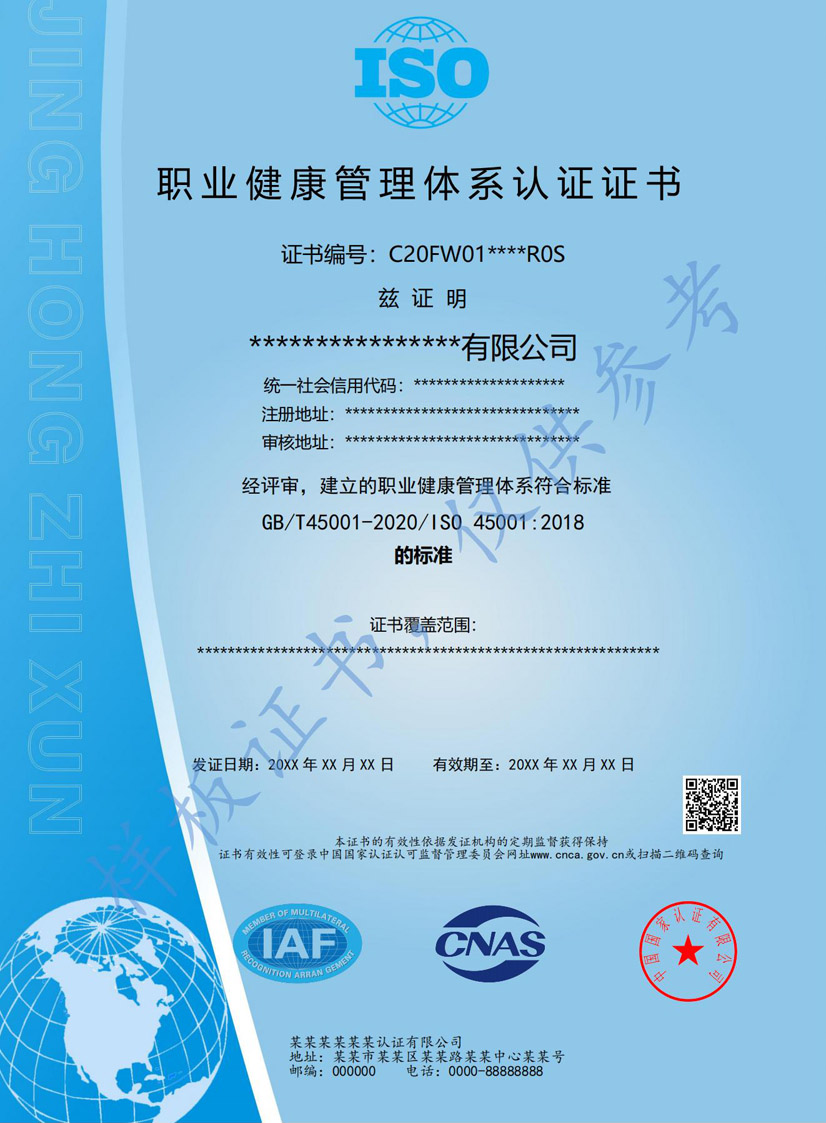 广州iso45001职业健康管理体系认证证书